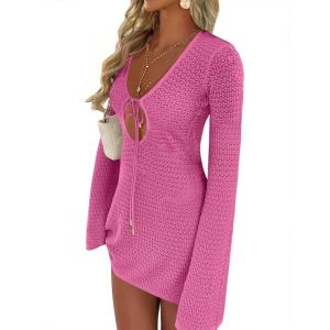 ANRABESS Beach Cover Ups for Women Crochet Swimsuit Bathing Suit Swimwear Bikini Mesh Knit Dress 2025 Summer Vacation Outfits(Hot Pink)