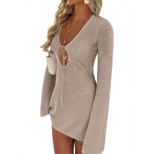 ANRABESS Beach Cover Ups for Women Crochet Swimsuit Bathing Suit Swimwear Bikini Mesh Knit Dress 2025 Summer Vacation Outfits(Khaki)