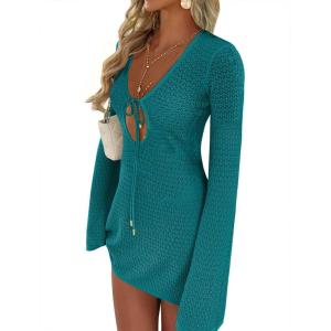 ANRABESS Beach Cover Ups for Women Crochet Swimsuit Bathing Suit Swimwear Bikini Mesh Knit Dress 2025 Summer Vacation Outfits(Lake)