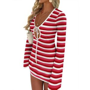 ANRABESS Beach Cover Ups for Women Crochet Swimsuit Bathing Suit Swimwear Bikini Mesh Knit Dress 2025 Summer Vacation Outfits(Red White Stripe)