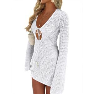 ANRABESS Beach Cover Ups for Women Crochet Swimsuit Bathing Suit Swimwear Bikini Mesh Knit Dress 2025 Summer Vacation Outfits(White)