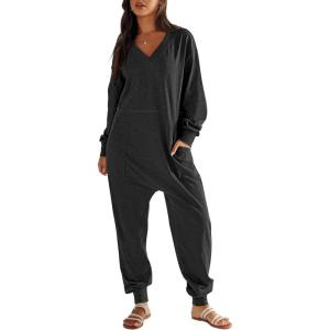 ANRABESS Jumpsuits for Women 2025 Fall Long Sleeve Casual Loose Fit Romper Lounge One Piece Pajamas Outfits Jumper(Black)