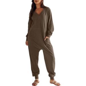 ANRABESS Jumpsuits for Women 2025 Fall Long Sleeve Casual Loose Fit Romper Lounge One Piece Pajamas Outfits Jumper(Brown)