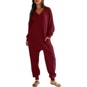 ANRABESS Jumpsuits for Women 2025 Fall Long Sleeve Casual Loose Fit Romper Lounge One Piece Pajamas Outfits Jumper(Burgundy)