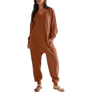 ANRABESS Jumpsuits for Women 2025 Fall Long Sleeve Casual Loose Fit Romper Lounge One Piece Pajamas Outfits Jumper(Burnt Orange)