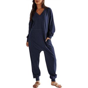 ANRABESS Jumpsuits for Women 2025 Fall Long Sleeve Casual Loose Fit Romper Lounge One Piece Pajamas Outfits Jumper(Deep Blue)