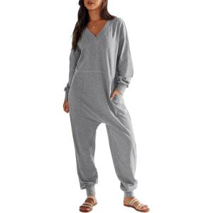 ANRABESS Jumpsuits for Women 2025 Fall Long Sleeve Casual Loose Fit Romper Lounge One Piece Pajamas Outfits Jumper(Grey)