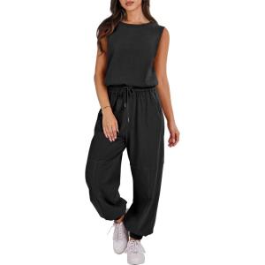 ANRABESS Jumpsuits for Women Casual Summer Sleeveless 2025 Romper One Piece Outfit Active Workout Lounge Jumpsuits Pockets(Black)