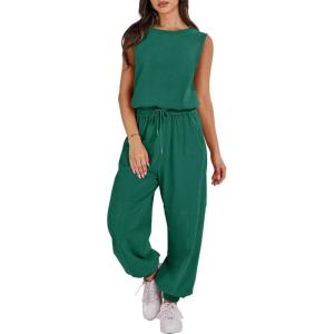 ANRABESS Jumpsuits for Women Casual Summer Sleeveless 2025 Romper One Piece Outfit Active Workout Lounge Jumpsuits Pockets(Green)