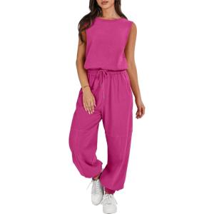 ANRABESS Jumpsuits for Women Casual Summer Sleeveless 2025 Romper One Piece Outfit Active Workout Lounge Jumpsuits Pockets(Hot Pink)