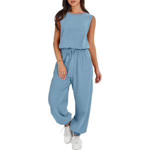 ANRABESS Jumpsuits for Women Casual Summer Sleeveless 2025 Romper One Piece Outfit Active Workout Lounge Jumpsuits Pockets(Lake Blue)