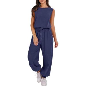 ANRABESS Jumpsuits for Women Casual Summer Sleeveless 2025 Romper One Piece Outfit Active Workout Lounge Jumpsuits Pockets(Navy Blue)