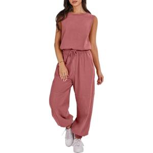 ANRABESS Jumpsuits for Women Casual Summer Sleeveless 2025 Romper One Piece Outfit Active Workout Lounge Jumpsuits Pockets(Rust)