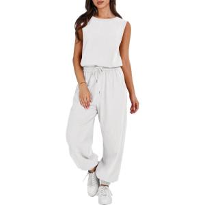 ANRABESS Jumpsuits for Women Casual Summer Sleeveless 2025 Romper One Piece Outfit Active Workout Lounge Jumpsuits Pockets(White)