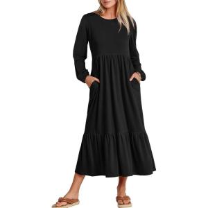 ANRABESS Long Sleeve Midi Dresses for Women Casual 2025 Fall Crewneck A Line Tiered Flowy Loose Trendy Dresses with Pockets(Black)