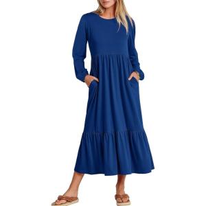 ANRABESS Long Sleeve Midi Dresses for Women Casual 2025 Fall Crewneck A Line Tiered Flowy Loose Trendy Dresses with Pockets(Blue)