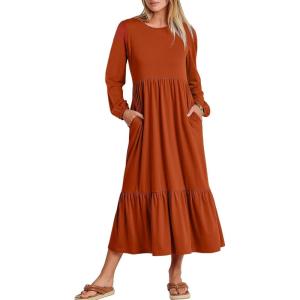 ANRABESS Long Sleeve Midi Dresses for Women Casual 2025 Fall Crewneck A Line Tiered Flowy Loose Trendy Dresses with Pockets(Brick Red)