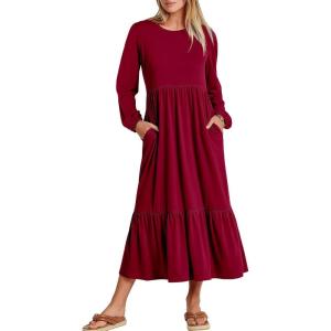 ANRABESS Long Sleeve Midi Dresses for Women Casual 2025 Fall Crewneck A Line Tiered Flowy Loose Trendy Dresses with Pockets(Burgundy)