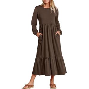 ANRABESS Long Sleeve Midi Dresses for Women Casual 2025 Fall Crewneck A Line Tiered Flowy Loose Trendy Dresses with Pockets(Coffee)