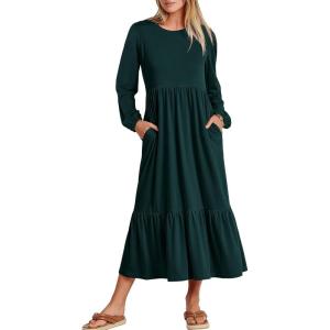 ANRABESS Long Sleeve Midi Dresses for Women Casual 2025 Fall Crewneck A Line Tiered Flowy Loose Trendy Dresses with Pockets(Dark Green)