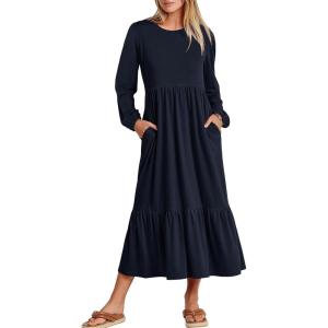ANRABESS Long Sleeve Midi Dresses for Women Casual 2025 Fall Crewneck A Line Tiered Flowy Loose Trendy Dresses with Pockets(Dark Navy Blue)