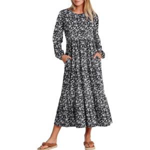 ANRABESS Long Sleeve Midi Dresses for Women Casual 2025 Fall Crewneck A Line Tiered Flowy Loose Trendy Dresses with Pockets(Floral Black)