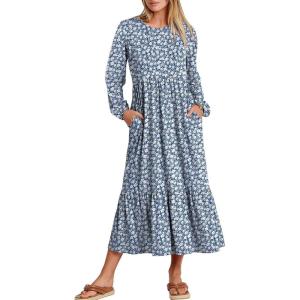 ANRABESS Long Sleeve Midi Dresses for Women Casual 2025 Fall Crewneck A Line Tiered Flowy Loose Trendy Dresses with Pockets(Floral Blue)