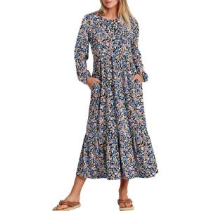 ANRABESS Long Sleeve Midi Dresses for Women Casual 2025 Fall Crewneck A Line Tiered Flowy Loose Trendy Dresses with Pockets(Floral Blue Purple)