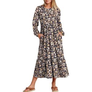 ANRABESS Long Sleeve Midi Dresses for Women Casual 2025 Fall Crewneck A Line Tiered Flowy Loose Trendy Dresses with Pockets(Floral Navy Blue Pink)