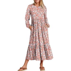 ANRABESS Long Sleeve Midi Dresses for Women Casual 2025 Fall Crewneck A Line Tiered Flowy Loose Trendy Dresses with Pockets(Floral Pink)