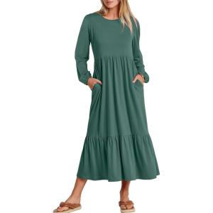 ANRABESS Long Sleeve Midi Dresses for Women Casual 2025 Fall Crewneck A Line Tiered Flowy Loose Trendy Dresses with Pockets(Grass Green)