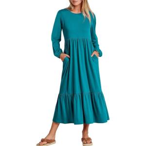 ANRABESS Long Sleeve Midi Dresses for Women Casual 2025 Fall Crewneck A Line Tiered Flowy Loose Trendy Dresses with Pockets(Lake Green)