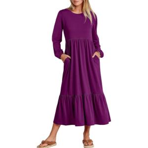 ANRABESS Long Sleeve Midi Dresses for Women Casual 2025 Fall Crewneck A Line Tiered Flowy Loose Trendy Dresses with Pockets(Purple)