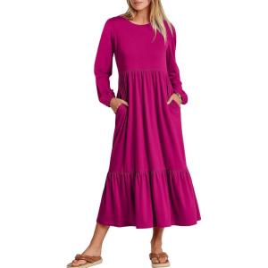ANRABESS Long Sleeve Midi Dresses for Women Casual 2025 Fall Crewneck A Line Tiered Flowy Loose Trendy Dresses with Pockets(Rose)