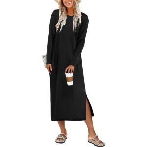 ANRABESS Long Sleeve Midi Dresses for Women Fall Fashion Casual Vacation Crewneck Loose Split Striped Long Tshirts Dress(Black)