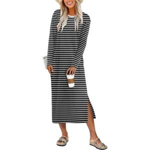 ANRABESS Long Sleeve Midi Dresses for Women Fall Fashion Casual Vacation Crewneck Loose Split Striped Long Tshirts Dress(Black White Stripe)