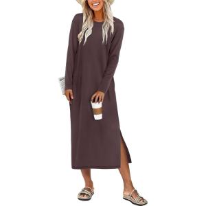 ANRABESS Long Sleeve Midi Dresses for Women Fall Fashion Casual Vacation Crewneck Loose Split Striped Long Tshirts Dress(Coffee)