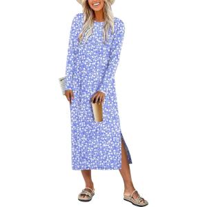 ANRABESS Long Sleeve Midi Dresses for Women Fall Fashion Casual Vacation Crewneck Loose Split Striped Long Tshirts Dress(Floral Blue White)
