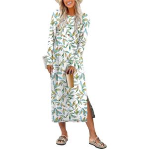 ANRABESS Long Sleeve Midi Dresses for Women Fall Fashion Casual Vacation Crewneck Loose Split Striped Long Tshirts Dress(Floral Colorful)
