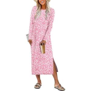 ANRABESS Long Sleeve Midi Dresses for Women Fall Fashion Casual Vacation Crewneck Loose Split Striped Long Tshirts Dress(Floral Pink White)
