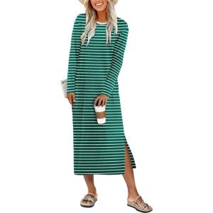 ANRABESS Long Sleeve Midi Dresses for Women Fall Fashion Casual Vacation Crewneck Loose Split Striped Long Tshirts Dress(Green White Stripe)