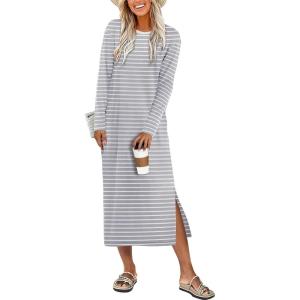 ANRABESS Long Sleeve Midi Dresses for Women Fall Fashion Casual Vacation Crewneck Loose Split Striped Long Tshirts Dress(Grey White Stripe)