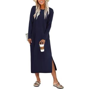 ANRABESS Long Sleeve Midi Dresses for Women Fall Fashion Casual Vacation Crewneck Loose Split Striped Long Tshirts Dress(Navy Blue)