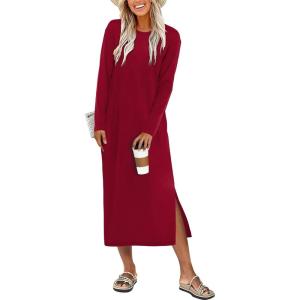 ANRABESS Long Sleeve Midi Dresses for Women Fall Fashion Casual Vacation Crewneck Loose Split Striped Long Tshirts Dress(Red)
