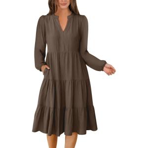 ANRABESS Long Sleeve Midi Dresses for Women V Neck 2025 Fall Fashion Casual Loose Fit Flowy Swing Tiered Vacation Boho Dress(Coffee)