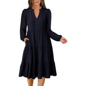ANRABESS Long Sleeve Midi Dresses for Women V Neck 2025 Fall Fashion Casual Loose Fit Flowy Swing Tiered Vacation Boho Dress(Deep Navy Blue)