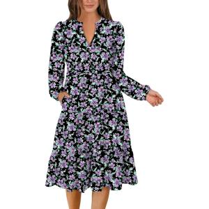 ANRABESS Long Sleeve Midi Dresses for Women V Neck 2025 Fall Fashion Casual Loose Fit Flowy Swing Tiered Vacation Boho Dress(Floral Black Purple)