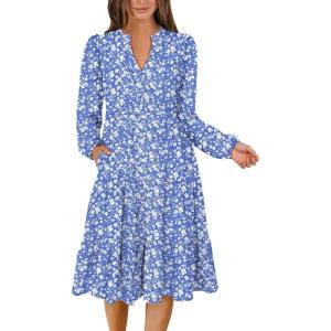 ANRABESS Long Sleeve Midi Dresses for Women V Neck 2025 Fall Fashion Casual Loose Fit Flowy Swing Tiered Vacation Boho Dress(Floral Blue)