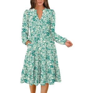 ANRABESS Long Sleeve Midi Dresses for Women V Neck 2025 Fall Fashion Casual Loose Fit Flowy Swing Tiered Vacation Boho Dress(Floral Green)