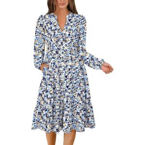 ANRABESS Long Sleeve Midi Dresses for Women V Neck 2025 Fall Fashion Casual Loose Fit Flowy Swing Tiered Vacation Boho Dress(Floral Light Blue)